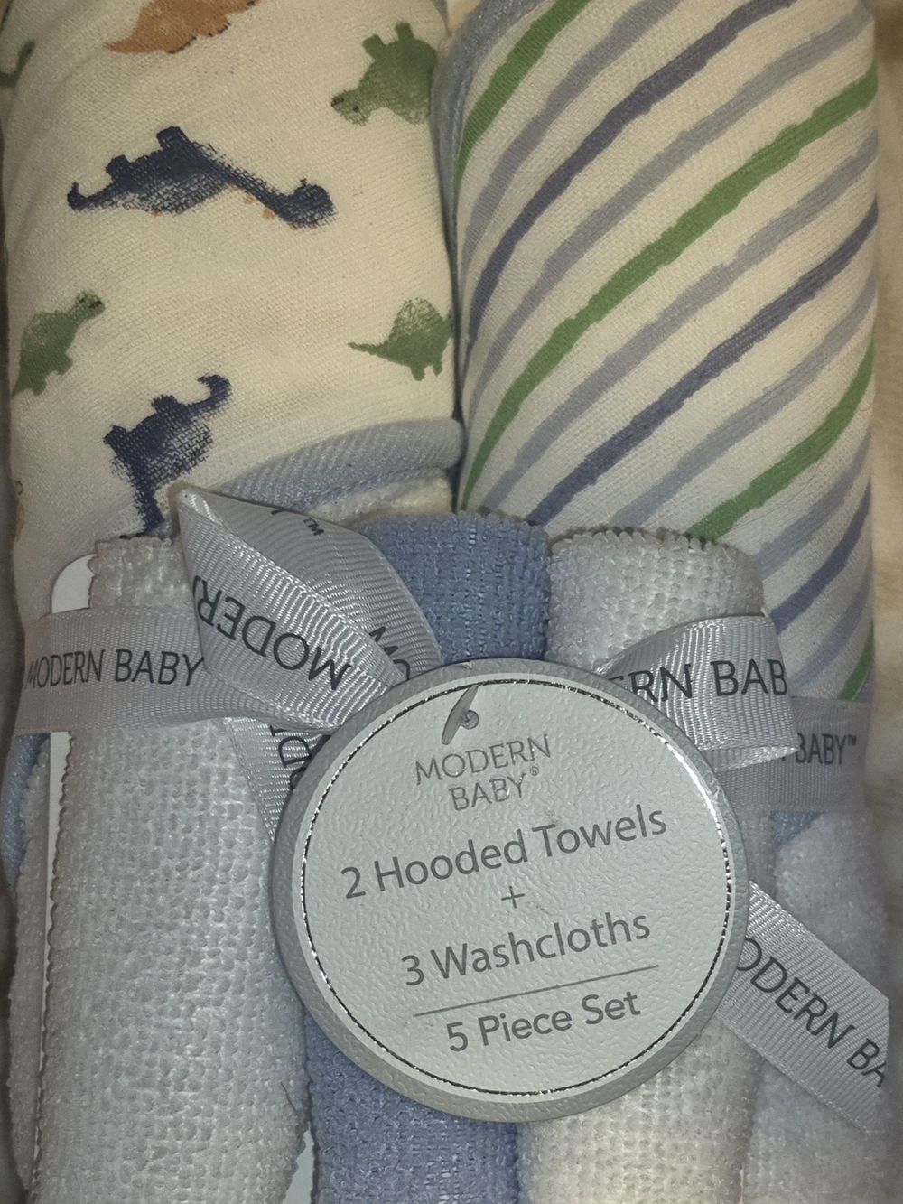 Modern Baby 5-Piece Hooded Towel and Washcloth Set - Blue, Green, White